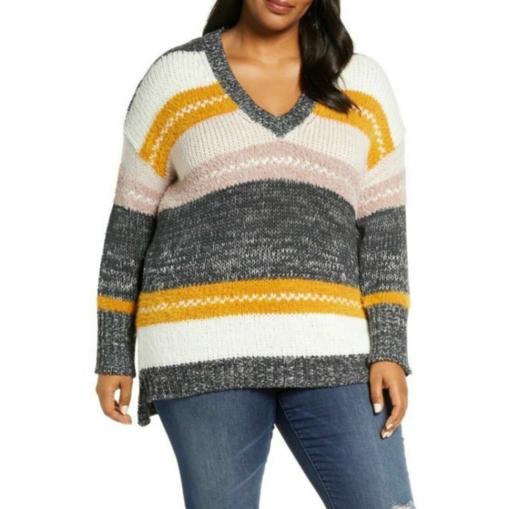 Caslon Wool/Mohair Mixed Stripe V-Neck Sweater Size  2X